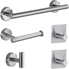 Stainless Steel Bathroom Accessories Set 5 Pieces Towel Holder + Toilet Roll Holder + Towel Hooks + 2 Extra Hooks (Silver)