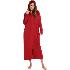 Veseacky Women Hooded Bathrobe Zipper Long Sleeve House Coat Full Length Nightgown with Pockets S-XXL
