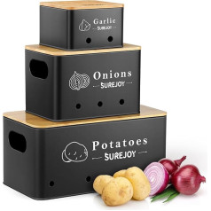 Potato Storage Box, Set of 3, Storage Jars for Onion Garlic Storage, Keeps Vegetables Fresh for Longer, Kitchen Organiser, Garlic Pot, Potato Box, Onion Box Container (Black)