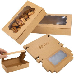 Pack of 50 Kraft Paper Biscuit Boxes with Window, 18 x 11 x 4 cm Kraft Paper Biscuit Boxes with Clear Window, Brown Treat Box, Bakery Packaging Box for Desserts, Sweets