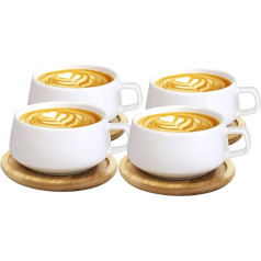 VETIN 4 Pieces Cappuccino Cups with Saucer, Marble Cup, 300 ml Porcelain Espresso Cups for Tea Coffee Cappuccino, Coffee Cups with Wooden Saucer (White x 4)