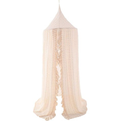 Wonder Space Elegant Canopy Girls Bed Canopy with Pompoms and Mosquito Net for Cot and Baby Bed - Decorative Princess Tent, Nursery Hanging Curtain and Reading Corner, Beige