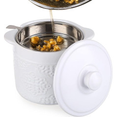 Oil Filter Kitchen Grease Filter Waste Oil Ceramic 1.2 Litre White Container with Lid and 1 Stainless Steel Spoon SUS304 for Household Kitchen Oil Vinegar