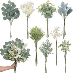 Pack of 75 Artificial Flowers and Branches, 8 Types Fake Plant Indoor Decoration, Bridal Bouquet, Eucalyptus Decorative Branches, Like Real Eucalyptus, for Kitchen, Garden, Balcony, Bedroom, Banquet,