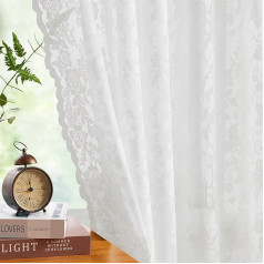 White Lace Net Curtains 90 Inch Long Floral Knitted Vintage Style Light Filtering Embroidery Elegant Window Treatment for Girls Bedroom Living Room Rod Pocket