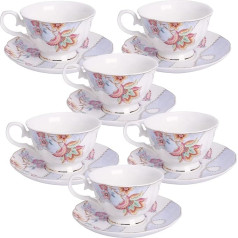 150 ml Flower Set with 6 Coffee Cups and Saucers, Porcelain Cappuccino Cups, Tea Cup for Birthday, Wedding and Party, Purple