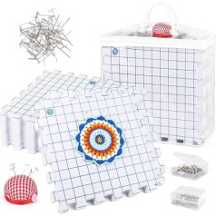 Set of 9 Clamping Mats with 200 T-Needles, Extra Thick Blocking Mats with Pin Cushion, Aeelike Mats for Tensioning with Grid, Clamping Mat Set for Granny Square Tensioning and Knitting, Crochet,