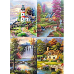 4 Pack Diamond Painting 40 x 50 cm 5D Diamond Painting Landscape Diamond Painting Waterfall Painting by Numbers Lighthouse Diamond Painting Rhinestone Diamond Puzzle Diamond Painting Landscapes and