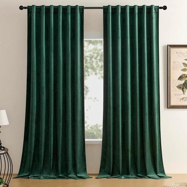 Timeper Dark Green Extra Long for High Ceiling Decorative Super Soft Velvet Thermal Blackout Curtain Sound-Reducing Rod Pocket Back Tab Dark Green 52x47 Inch 2 Panels