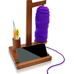 Wbgraceful Wooden Yarn Holder with Phone Stand, Hook Storage and Magnetic Spinner - Gift for Crochet Lovers, Knitters - Use for Crochet, Knitting