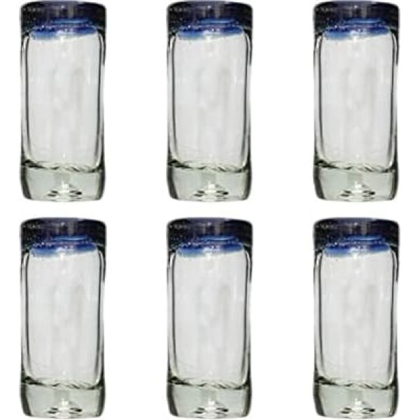 Tumia LAC Handmade Tequila/Shot Glass - Recycled Glass - Blue Rim - Set of 6 Glasses