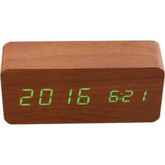 Wooden Digital Alarm Clock, Quiet LED Display, Adjustable Brightness/Sound Control, Table Clock Indicator, Calendar Time and Temperature for Home and Office (Brown Wood + Green Light)