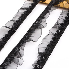 URROMA 12 Meters Black Sequin Elastic Lace Fabric Lace Trim Elastic Ruffle Lace for Sewing Dress Decoration and Gift Wrapping