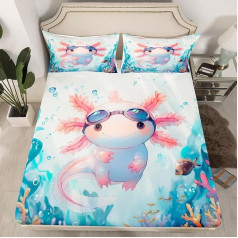 Axolotl Tauch-Spannbetttuch, Einzelbett, Aquarell-süßer Salamander, 3D-Druck, Bettlaken mit 1 Kissenbezug, Unterwasserwelt, Koralle, Seetang, Pflanzen, weiche dekorative Bettwäsche (kein Bettlaken)