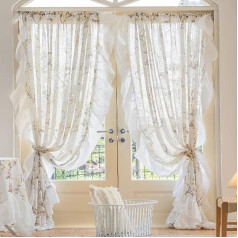 Voile Curtains, Set of 2 Transparent Curtains, Beige Flower Curtains with Ruffles, Translucent Country House Blackout Curtain, Living Room, Bedroom, Window Decoration Curtains (W 150 x H 250)