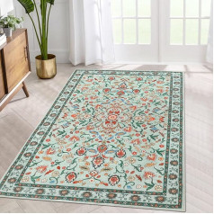 Famibay Rugs for Living Room, 80 x 150 cm, Floral Pattern, Soft Rug for Bedroom, Short Pile, Machine Washable, Vintage Rug, Non-Slip Rug for Living Room, Bedroom, Kitchen, Green