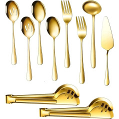 10 Pieces Large Golden Serving Utensils Set, Stainless Steel Serving Utensils Set with Large Serving Spoons, Slotted Spoons, Serving Forks, Soup Ladle, Cake Server and Serving Tongs