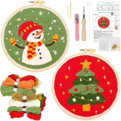 JSRQT 2 Sets Christmas Punch Needle Set for Beginners, Punch Needle Embroidery Starter Set for Adults and Children with Christmas Tree Snowman Pattern, Punch Needle Kit with 2 Embroidery Hoops,