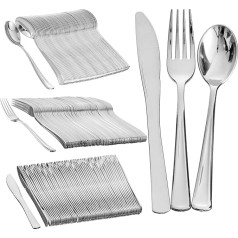 180 Elegant Reusable Silver Plastic Cutlery Set - 60 Knives, 60 Forks, 60 Spoons - Reusable & Sturdy Cutlery for Weddings, Birthdays, Parties & Events