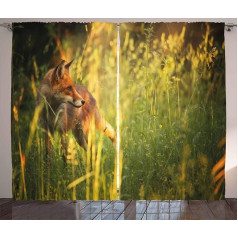 ABAKUHAUS Fox Rustic Curtain, Vixen Mammal Summer Forest, Living Room Universal Tape Curtains with Loops and Hooks, 280 x 225 cm, Yellow Green