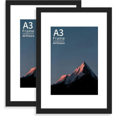 A3 Picture Frame, Black Picture Frame with Wall Hanging, A3 Wooden Picture Frame with A4 Mat, Poster Frame, Pack of 2