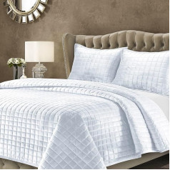 Velvet Queen Bedding Set, Three Piece Box Stitch Bedding Set, Includes Oversized Quilt and Two Pillowcases, 260 GSM Super Soft Velvet, White