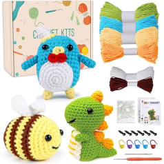 Complete Crochet Set for Beginners Animals, 3-Piece Funny Crochet Animal Set, Knitting Set with Crochet Hooks Yarn, Step-by-step Instruction Video, Crochet Starter Kit for DIY (Bee, Dinosaur,