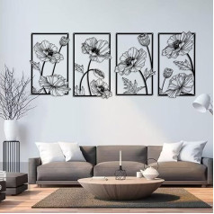 Pack of 4 Metal Wall Decoration Flower Wall Decor Floral Line Wall Sculpture Black Wall Decoration Minimalist Line Art for Home Living Room Bedroom