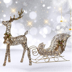 Christmas Decorations Rattan Deer and Sleigh 2 Pieces - HOYECHI Lighted Christmas Decor Set with Stag for Indoor Outdoor Front Yard Porch with Ground Stakes - Brown