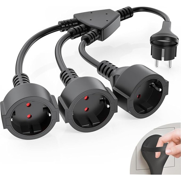 Double Plug for Socket, Extension Cable with 3 Way Sockets and Flat Plug, AOUOO 3-Way Schuko Y Distributor, 1.5 mm² Flexible Cable, 16A/250V, IP20 Waterproof, for Home, Office, Black