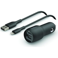 Belkin USB Car Charger with 2 Ports, 24W Lightning Cable (Boost Charge Car Charger, USB Car Charger) iPhone 14/14 Plus, Pro, Pro Max, 13, 12, 11 and Older, iPad, AirPods Car Charger