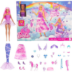 Barbie - JFL66 Advent Calendar with Doll and 24 Surprise Accessories with Unicorn and Animals, the Fashion Doll Can Be Transformed into a Mermaid, Fairy and More