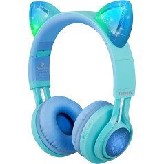 Kids Headphones,Riwbox CT-7S 85dB Volume Limiting Bluetooth Headphones Hearing Protection,LED Light Up Kids Wireless Headphones Over Ear with Microphone for iPhone/iPad/Kindle/Laptop/PC/TV (Blue&Green)