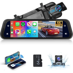 Podofo Mirror Dashcam with Rear View Camera 9.66 Inch Touscreen Carplay Android Car Wireless Dual Camera System Bluetooth DVR WDR Loop Recording with 64G SD Card Night Vision AUX FM Transmitter 7-32V