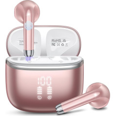 Bluetooth Headphones, Wireless Bluetooth 5.4 In-Ear Headphones with 4 ENC Noise Cancelling Mic, 40H Playtime with LED, IP7 Waterproof In-Ear Earphones for Work/Study/Leisure, Rose
