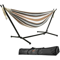 Goutime 2.6m Double Hammock with Stand, 250kg Load Capacity, Includes Portable Carry Bag, Perfect for Indoor Outdoor Patio, Patio, Yard, Balcony (Brown and White)