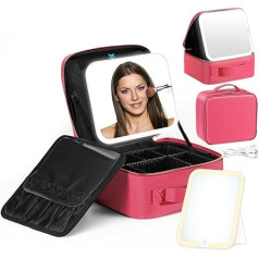Luxspire Women's Cosmetic Bag with Mirror, 3 Colour LED Light Makeup Mirror, Travel Makeup Bag, Leather Makeup Bag, Cosmetic Case, Large Cosmetic Bag, Travel Handbag, Cosmetics Organiser, Magenta