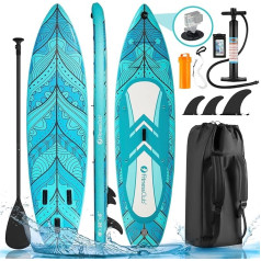 Fitnessclub SUP Board Set, Inflatable Stand Up Paddling Board 305/320 cm, Surfboard with Universal Camera Mount, for All Difficulty Levels with Paddle and Complete Accessories, Green/Blue
