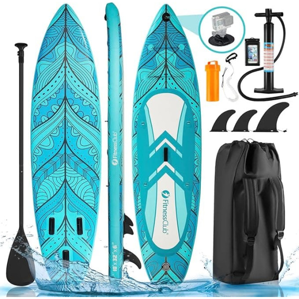 Fitnessclub SUP Board Set, Inflatable Stand Up Paddling Board 305/320 cm, Surfboard with Universal Camera Mount, for All Difficulty Levels with Paddle and Complete Accessories, Green/Blue