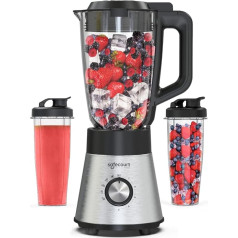 Safecourt Kitchen Stand Mixer 3-in-1 [1.5 L Glass Container Mixer & 2 x 0.6 L Mini Smoothie Maker -To-Go Drinking Bottle] 1300 W, Impulse/Ice-Crush Function, BPA-Free, Stainless Steel Blender