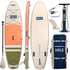 ISLE Pioneer Inflatable Stand Up Paddle Board with Safety Lead, 3-Fin System, Backpack, Pump, Paddle - Beginner SUP - California Design