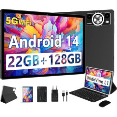 10 Inch Android 14 Tablet with Keyboard, Octa-Core 2.0GHz, 5G + 2.4G Wi-Fi, 22GB RAM +128GB ROM/TF 1TB, 8000mAh, BT5.0, GPS, Widevine L1, Face Detection, 1280 x 800, 8+5MP, with Mouse, Black