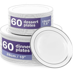 120 Premium White Plastic Plates with Silver Rim, 2 Sizes, Unbreakable & Reusable Plastic Plates, Party Plates for Weddings, Birthdays, Parties, Elegant & Sturdy Party Tableware