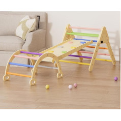 BenaRita 3-in-1 Montessori Climbing Frame Set, Toddler Indoor Climbing Frame, Rainbow Wooden Climbing Frame, Foldable Triangular Climbing Ladder with Sliding Ramp and Arch