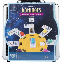 Mexican Train Dominoes, Double Fifteen Dominoes Set for Adults, Aluminium Box, Coloured Dots, 136 Domino Pieces (2-10 Players)