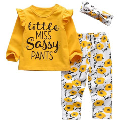 3-teiliges Baby-Mädchen-Outfit-Set, langärmelig, Buchstaben-Oberteil, Freizeithose und Stirnband, Gelb, 6–9 Monate, Gelb, 6-9 Monate