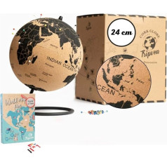 TRIPVEA® Cork Globe 24 cm + 342 Self-Adhesive Flags for Planting - Vintage Cork Globe - Decorative World Map on Travel - Ideal Gift and Decoration Idea - Height = 24 cm