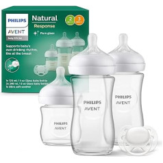Philips Avent Babyflaschen aus Glas, Geschenkset für Neugeborene – 3 Babyflaschen Natural Response, ultra soft Schnuller, für Babys von 0–6 Monaten und älter (Modell SCD878/11)