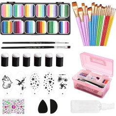 Kindergesichtsfarbe, Schminken -Kit, 12 Gitter -Ostermalereischablonen, 18 Pinsel und Aufkleber, waschbarer Regenbogenfarbe für Halloween, Karnevalsparty