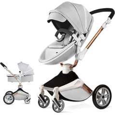 Hot Mom 2-in-1 Pushchair with 360° Rotation Function, Combination Pram with Baby Tub/Pushchair, PU Tyres and Faux Leather Seat (Grey)